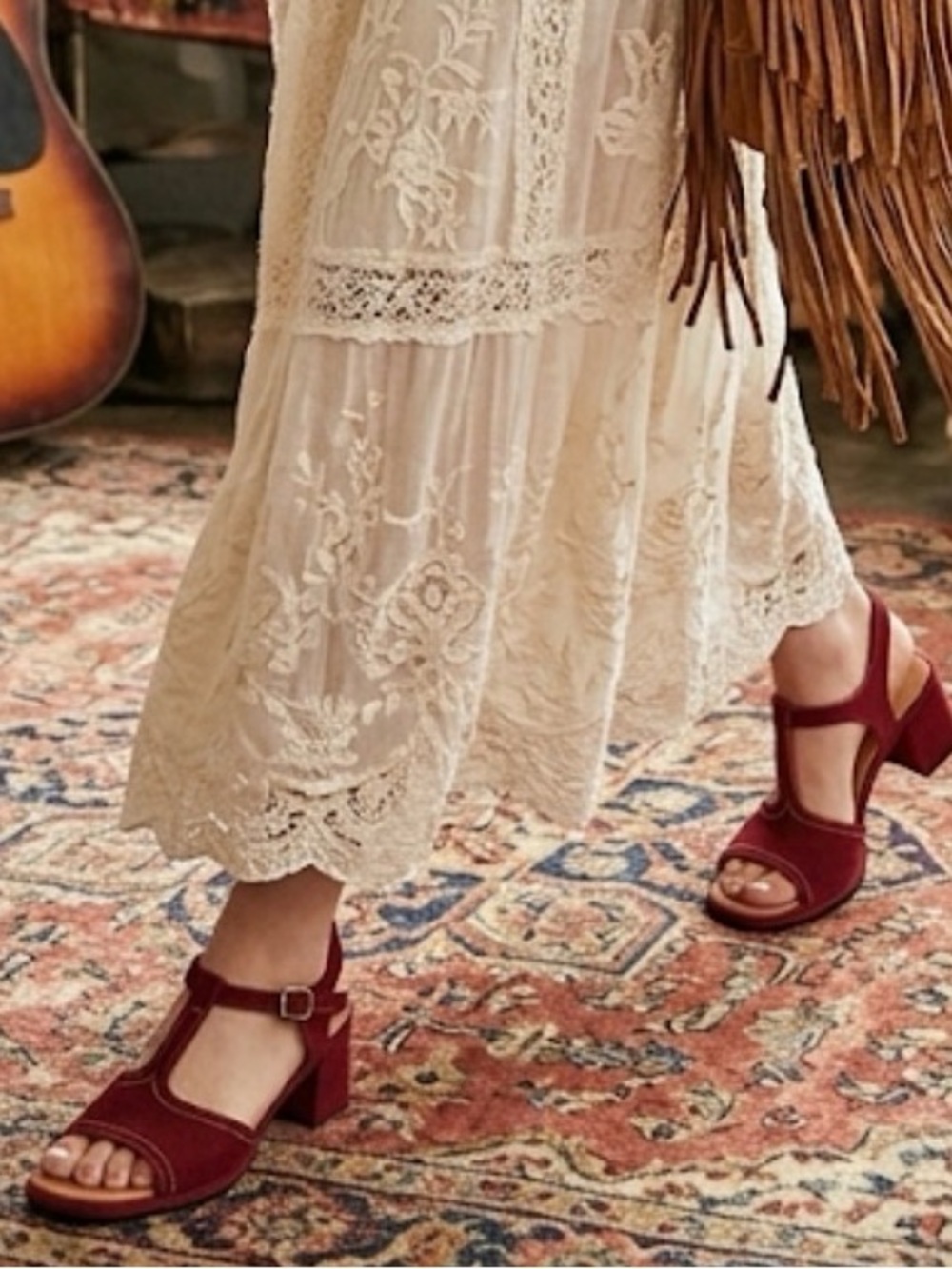 Vintage Burgundy T-Strap Suede Block Heel Sandals